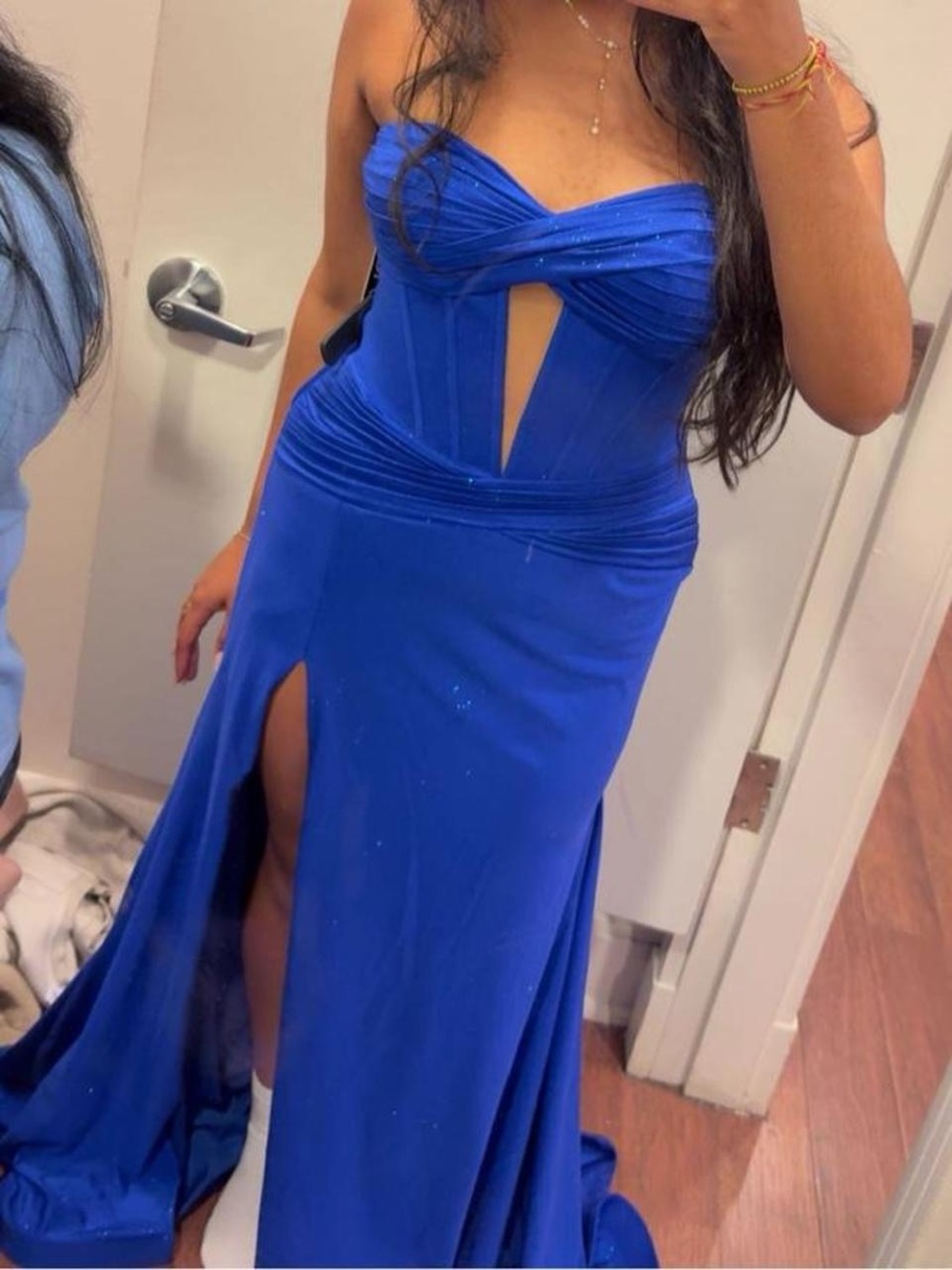 JVN by Jovani Royal Blue Strapless Prom Gown with Thigh Slit
